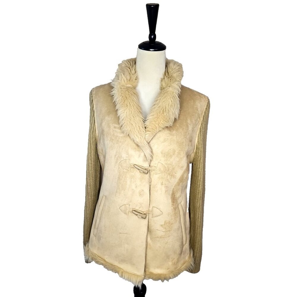 Bill Blass Sports Faux Suede Fur Womens Sweater Jacket Size M Tan Faux Fur